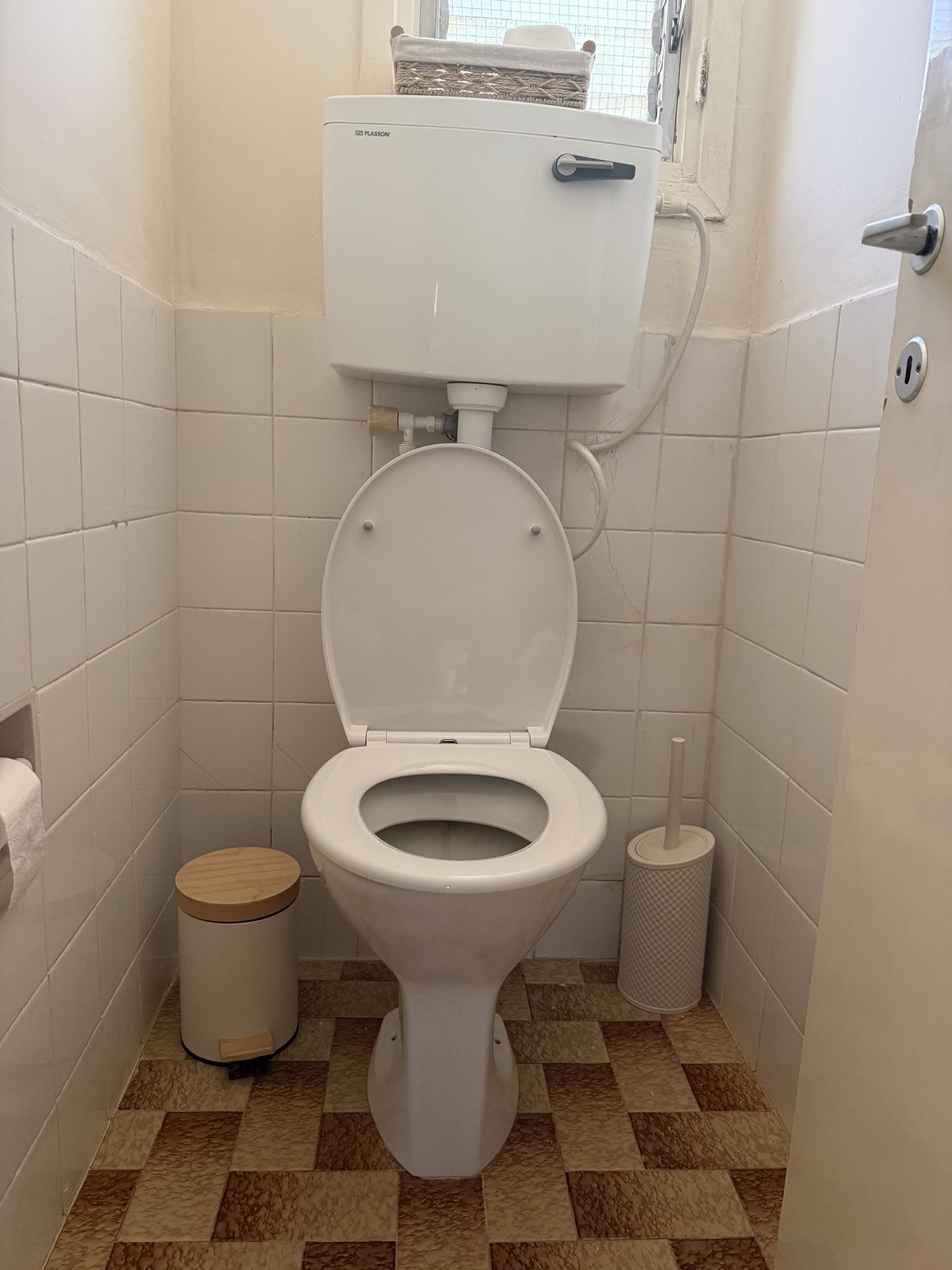 The real bathroom: every marked placement on the toilet, tank, walls, floor, bin and brush can be taken for a dollar more than its holder paid